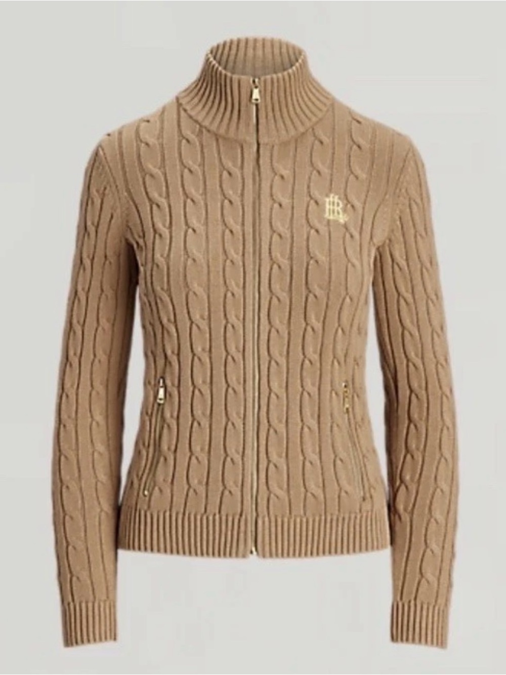 Ralph LAUREN Cable Knit Full Zip Sweater Embroidered Monogram Womens S Small NEW